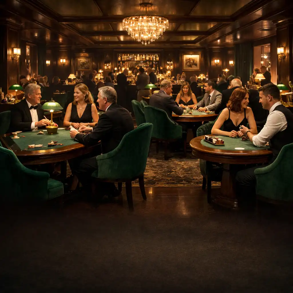 Salon de poker exclusif avec fauteuils en velours émeraude, lampes en laiton et convives élégants en pleine partie