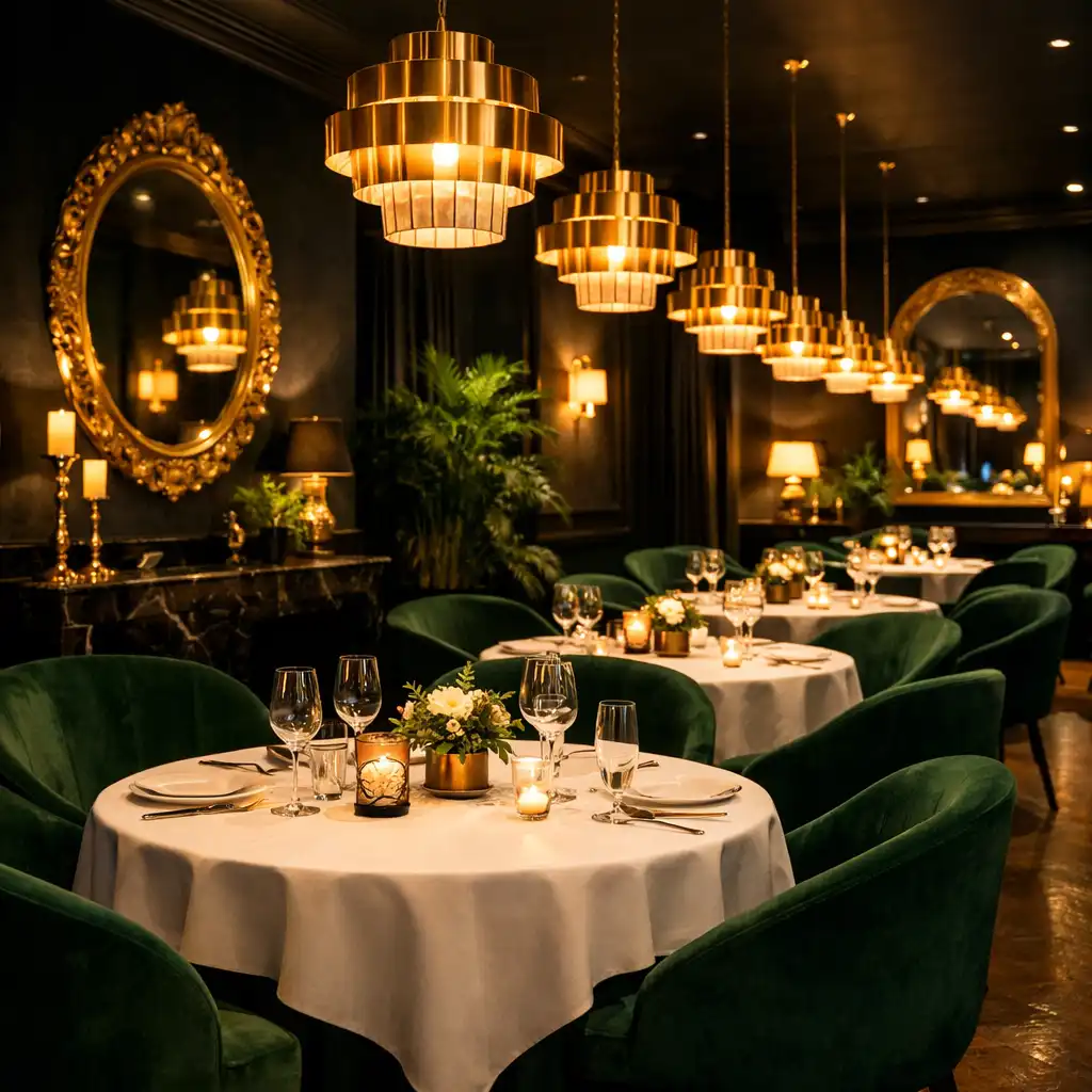 Salon privé élégant avec tables rondes, chaises en velours vert et luminaires dorés suspendus