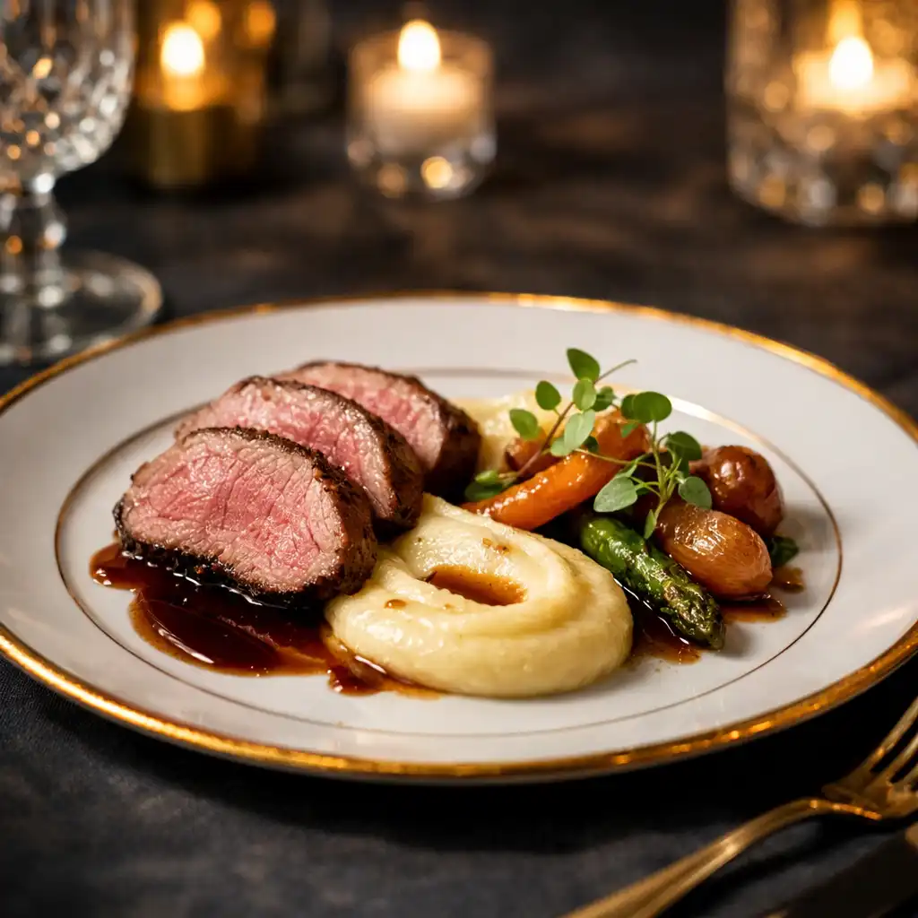 Assiette gastronomique dressée avec précision sur une table élégante