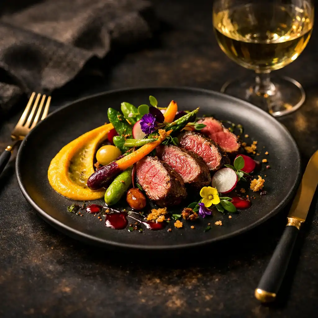 Plat gastronomique dressé avec élégance sur une table sombre, accompagné d'un verre de vin