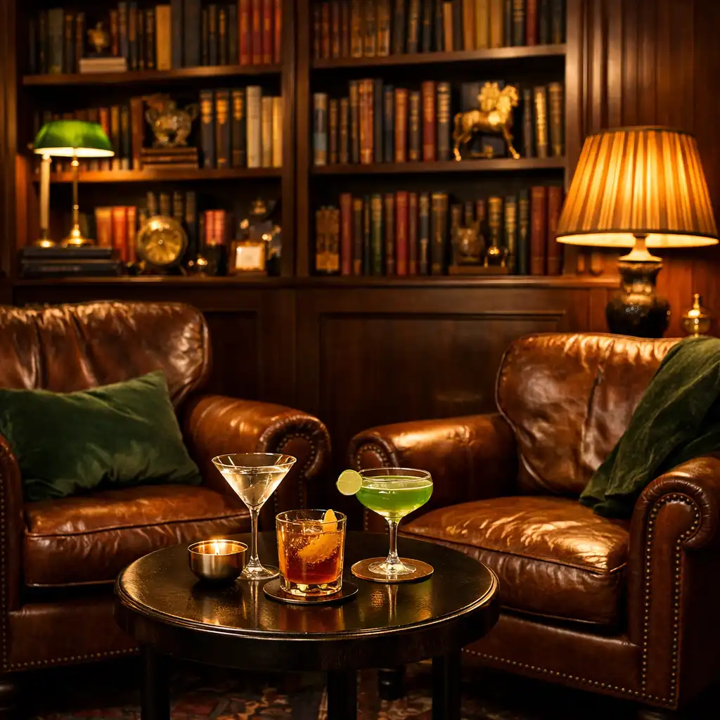 Coin lounge cosy avec fauteuils en cuir, cocktails et bibliothèque en arrière-plan