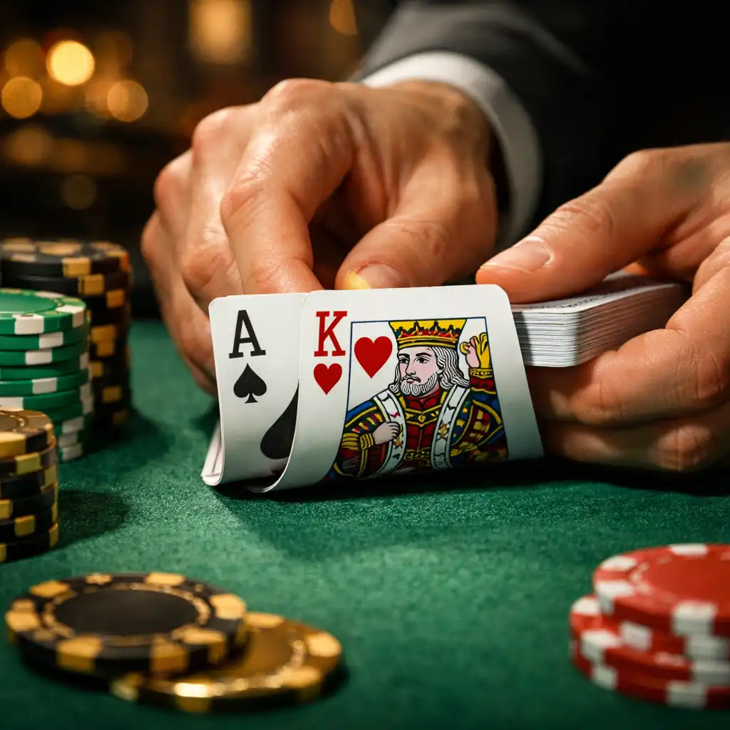 Gros plan sur une main de poker avec cartes et jetons sur un tapis vert