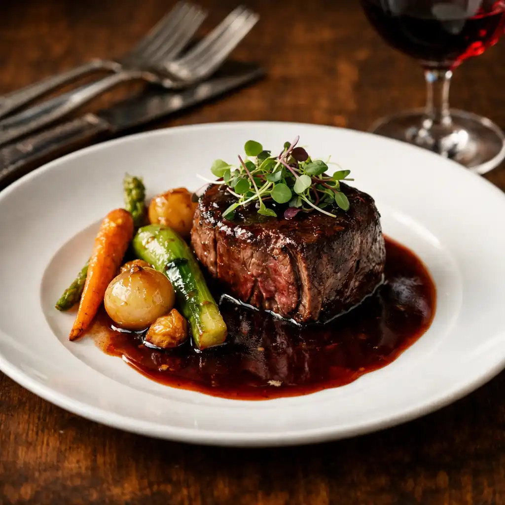 Plat gastronomique élégamment dressé avec filet de bœuf, sauce au vin rouge et légumes glacés