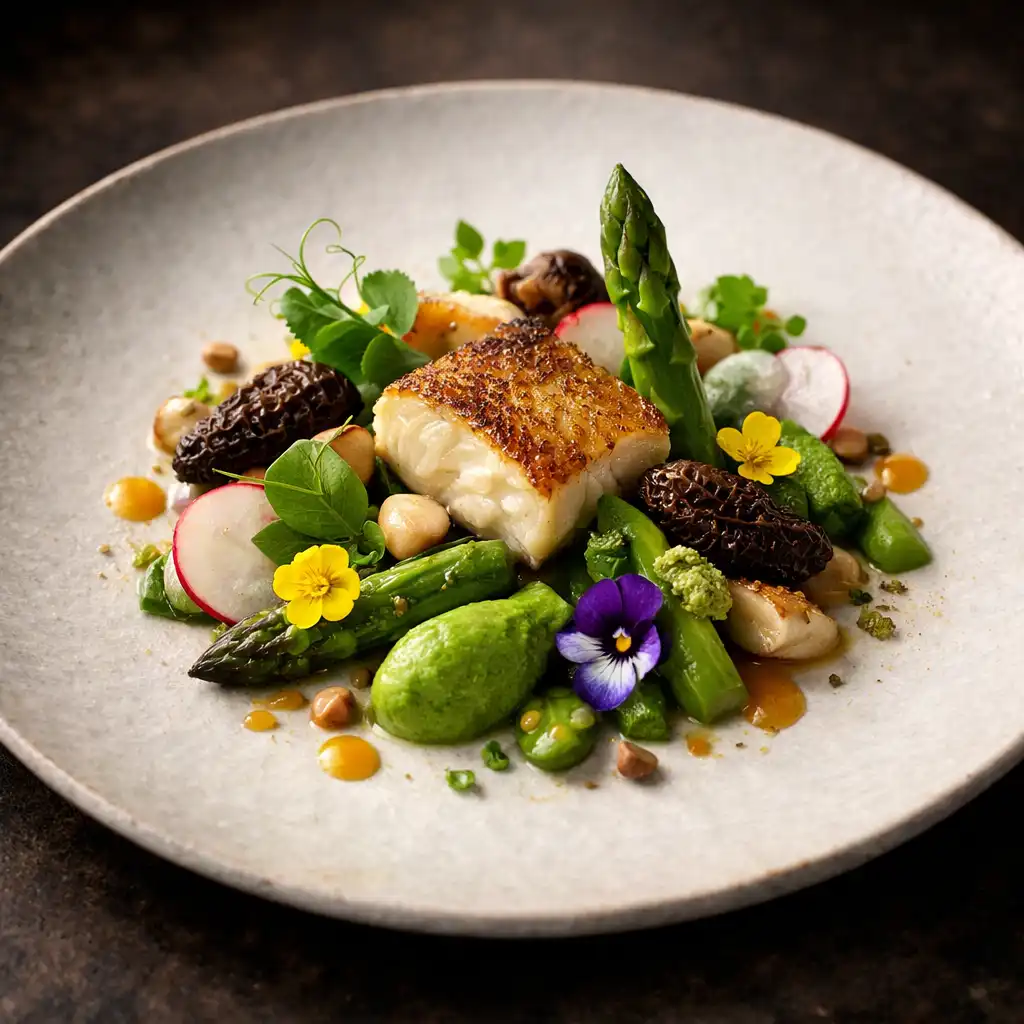 Assiette gastronomique dressée avec précision, ingrédients de saison, présentation artistique, éclairage doux de restaurant étoilé
