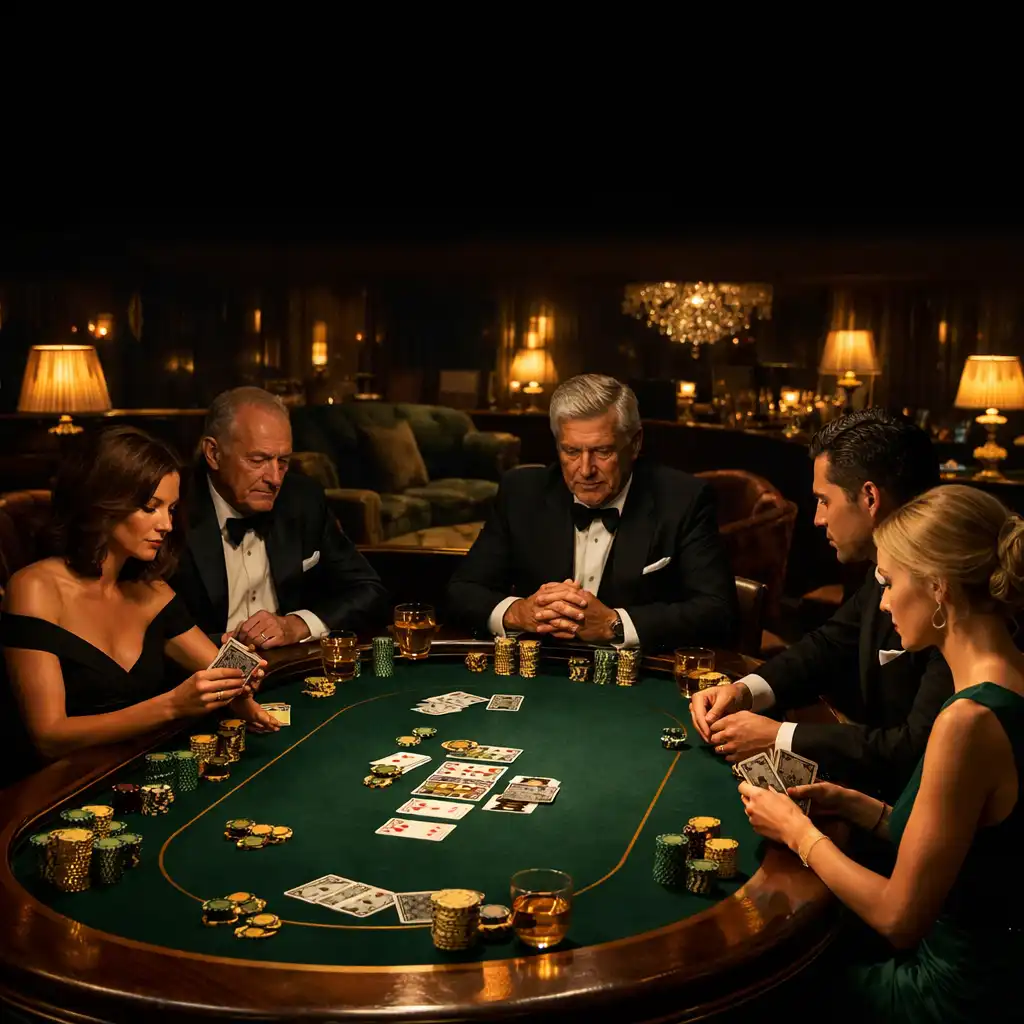 Table de poker luxueuse dans un salon privé avec des joueurs élégants