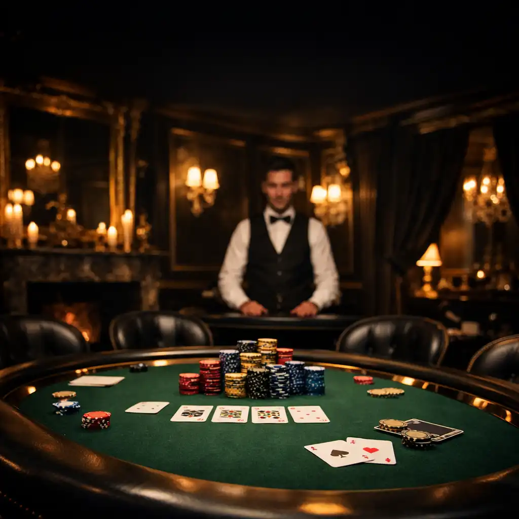 Table de poker élégante dans un salon privé parisien, éclairage tamisé, croupier en arrière-plan, jetons et cartes sur le tapis vert