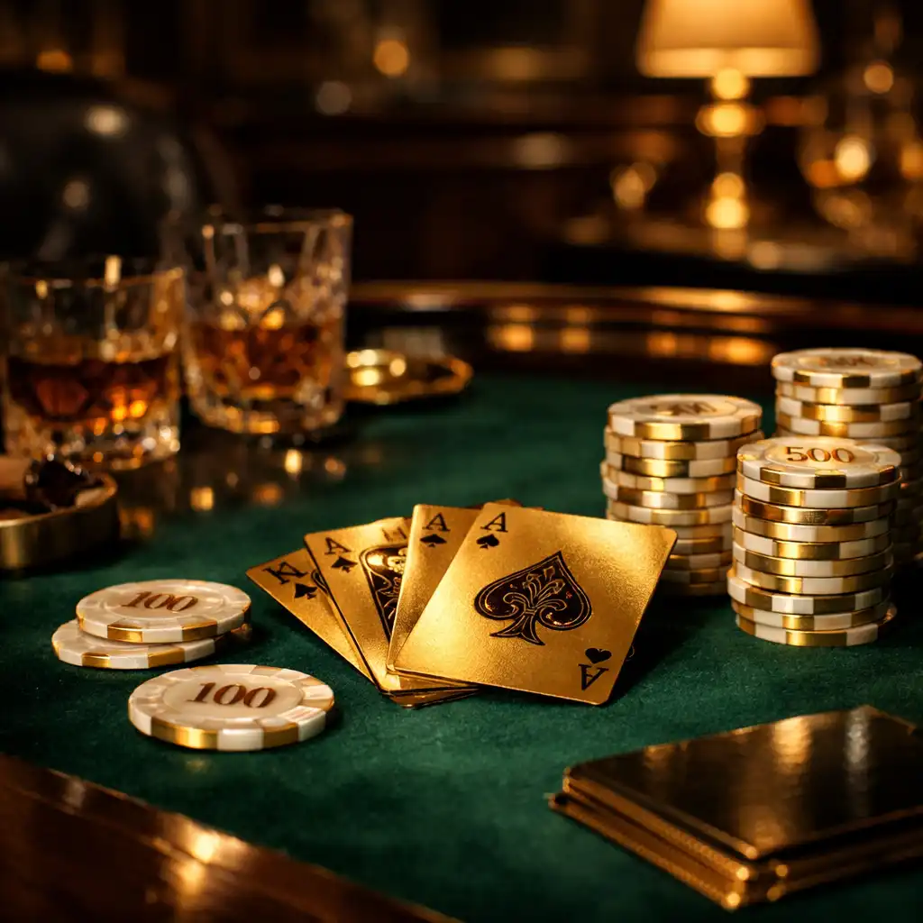 Table de poker élégante dans un club privé, avec jetons dorés et verre de vin rouge sous une lumière tamisée