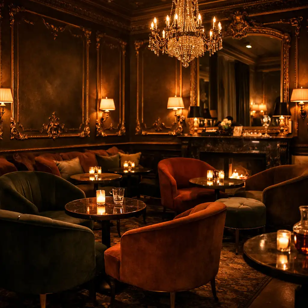 Intérieur d'un salon privé élégant avec fauteuils en velours, éclairage tamisé, moulures dorées, ambiance feutrée et luxueuse