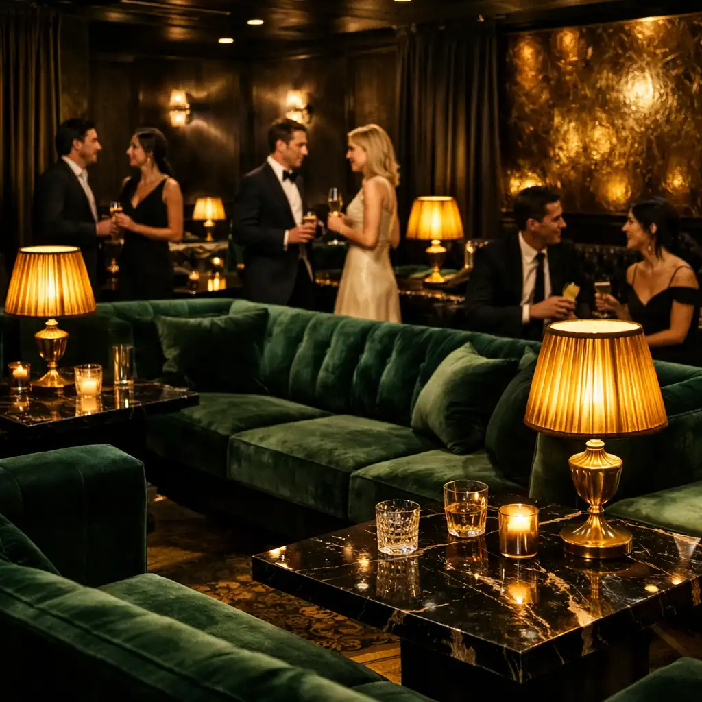 Coin lounge d'un club privé avec canapés en velours vert et lumière tamisée