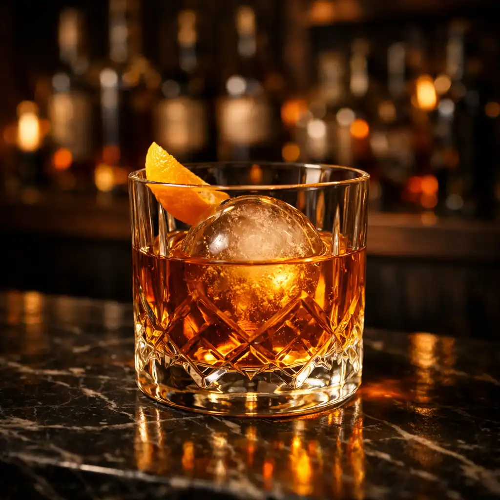 Cocktail signature ambré dans un verre à whisky en cristal avec glaçon sphérique et zeste d'orange