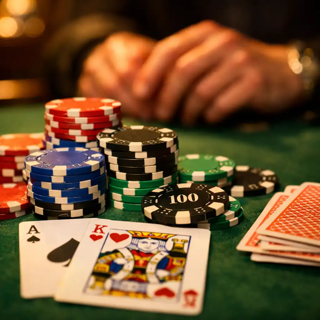 Gros plan sur des jetons de poker et des cartes à jouer sur un tapis vert, mains d'un joueur en arrière-plan flou