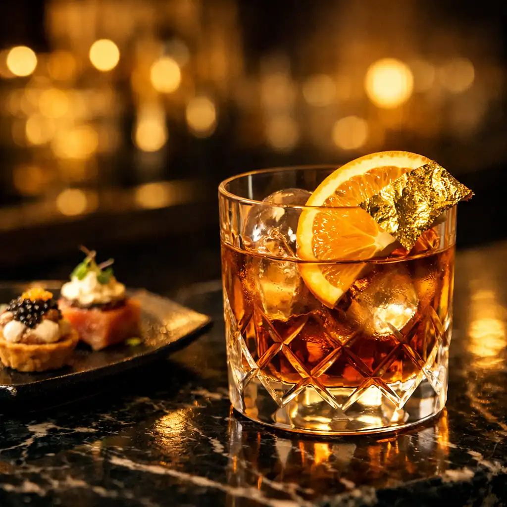 Cocktail signature et mise en bouche gastronomique sur comptoir en marbre noir