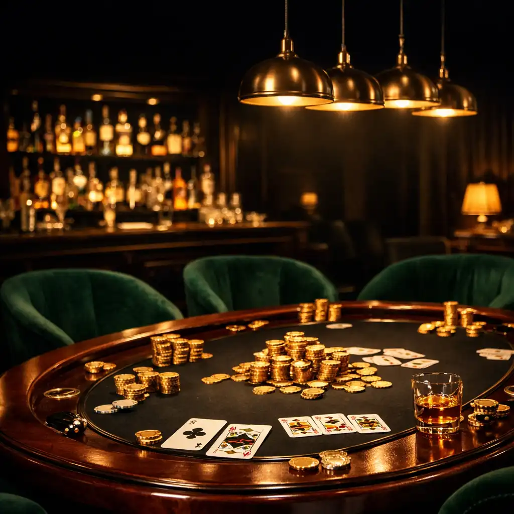 Table de poker luxueuse dans un salon privé sombre avec jetons dorés et fauteuils en velours émeraude