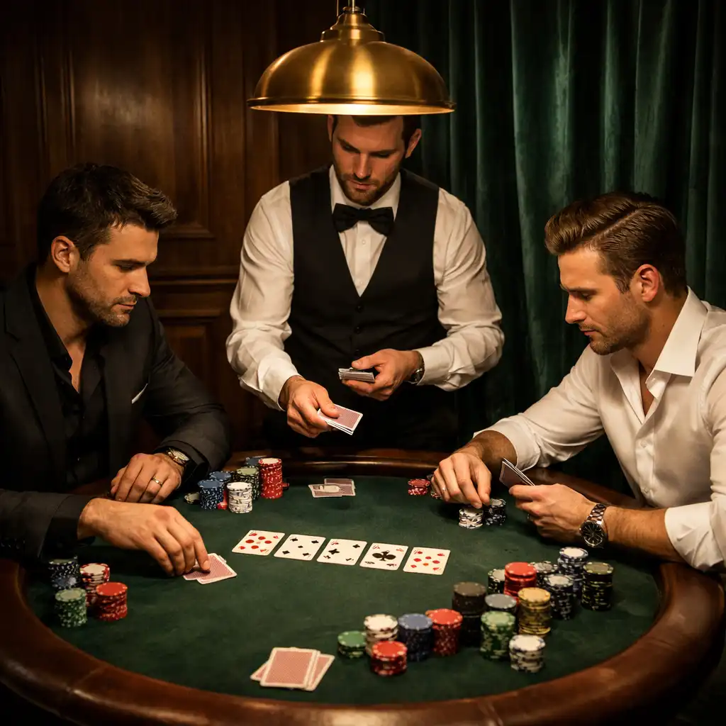 Deux joueurs en duel à une table de poker privée avec un croupier en gilet noir