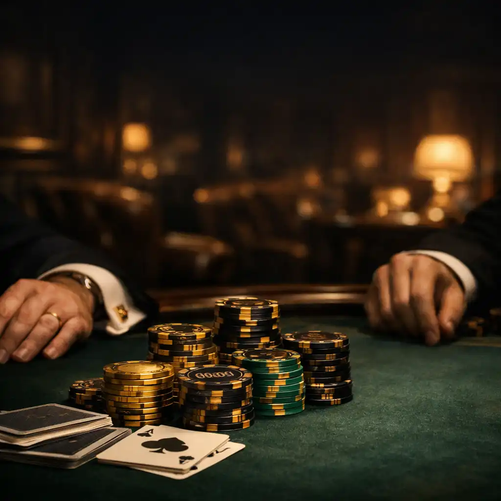 Table de poker luxueuse avec jetons or, noir et émeraude dans un salon privé sombre