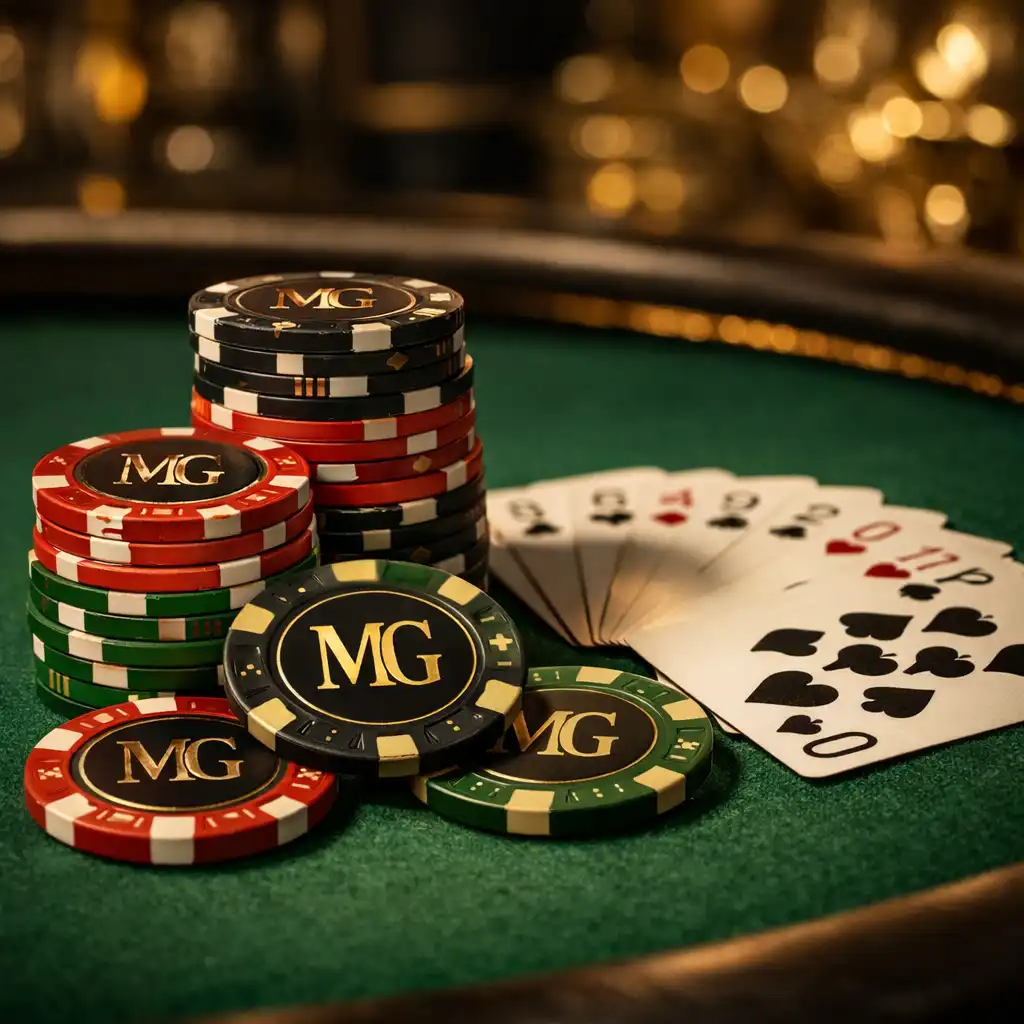 Gros plan sur une table de poker professionnelle avec des jetons en céramique dorés et des cartes
